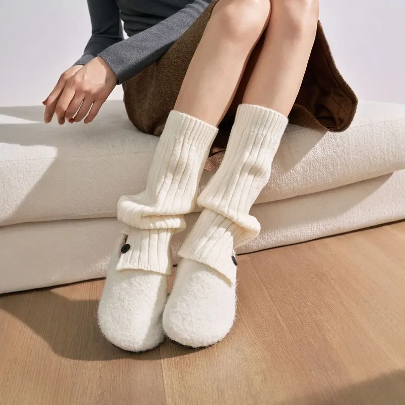 Women's Korean‑Style Split Button Knit Leg Warmers, Fall Winter Thick Yarn Wool‑Blend Stackable Socks, Slim Warm JK Academy‑Styl