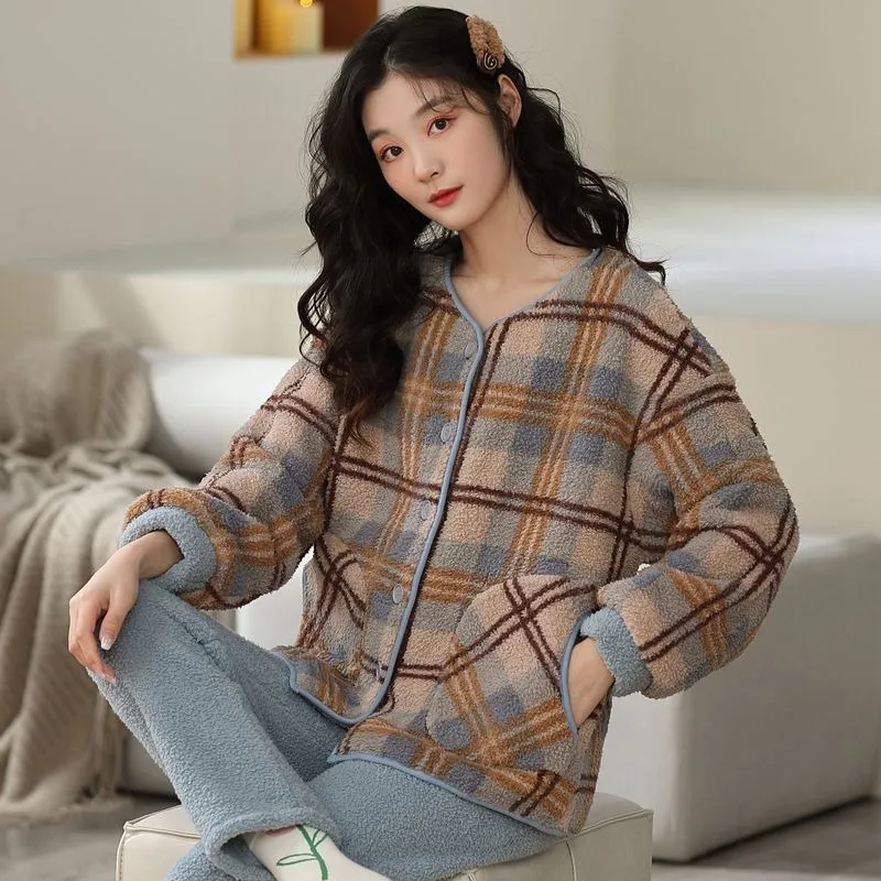 2023 New Coral Velvet Pajamas Women Autumn Winter Loungewear Velvet Padded Loose Sleepwear Plus Size Homewear Flannel Suit