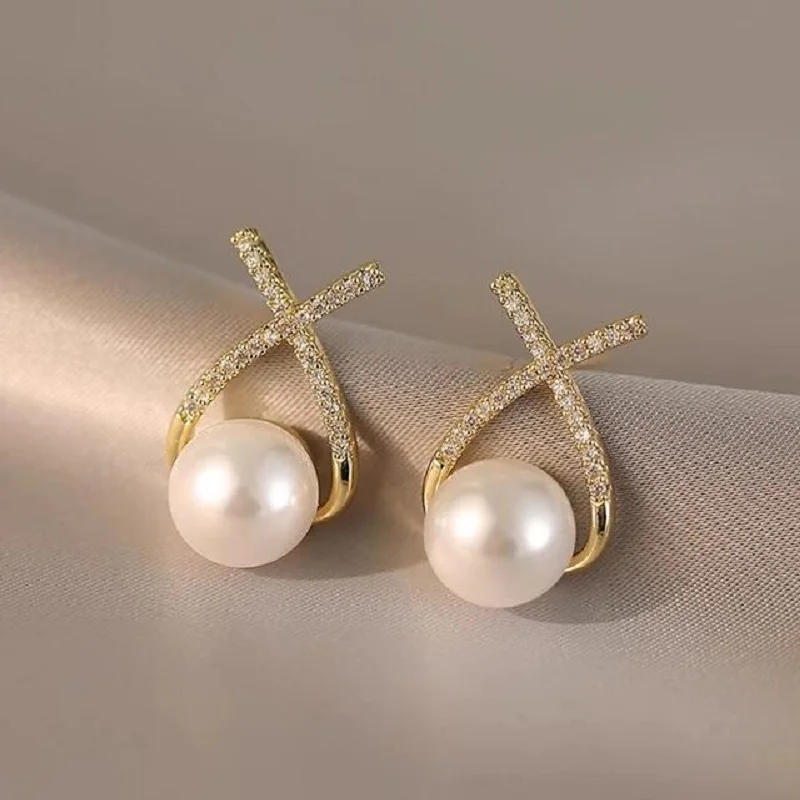 Pearl Ear Stud Elegant Cross French Style Women Lady Girl Earrings Luxury Fashion Gold Color Wedding Festival Jewelry Gifts