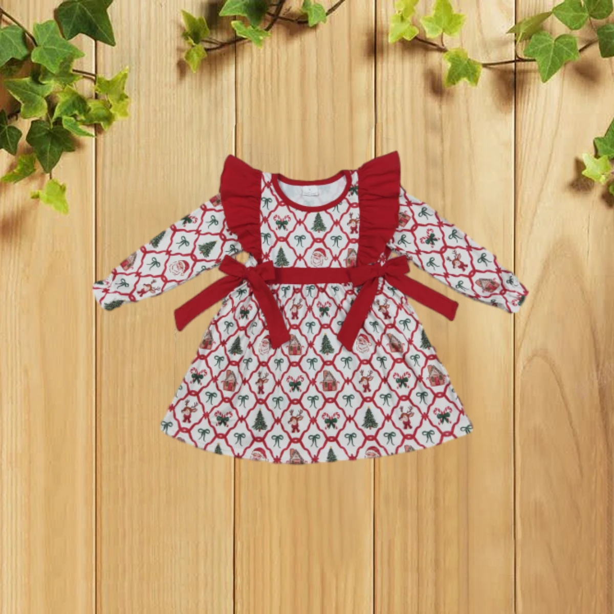 

8.21 GLD1158 Christmas Bear House Pattern Long Sleeve Girl's Dress with Bowtie for Girls Holiday Wear