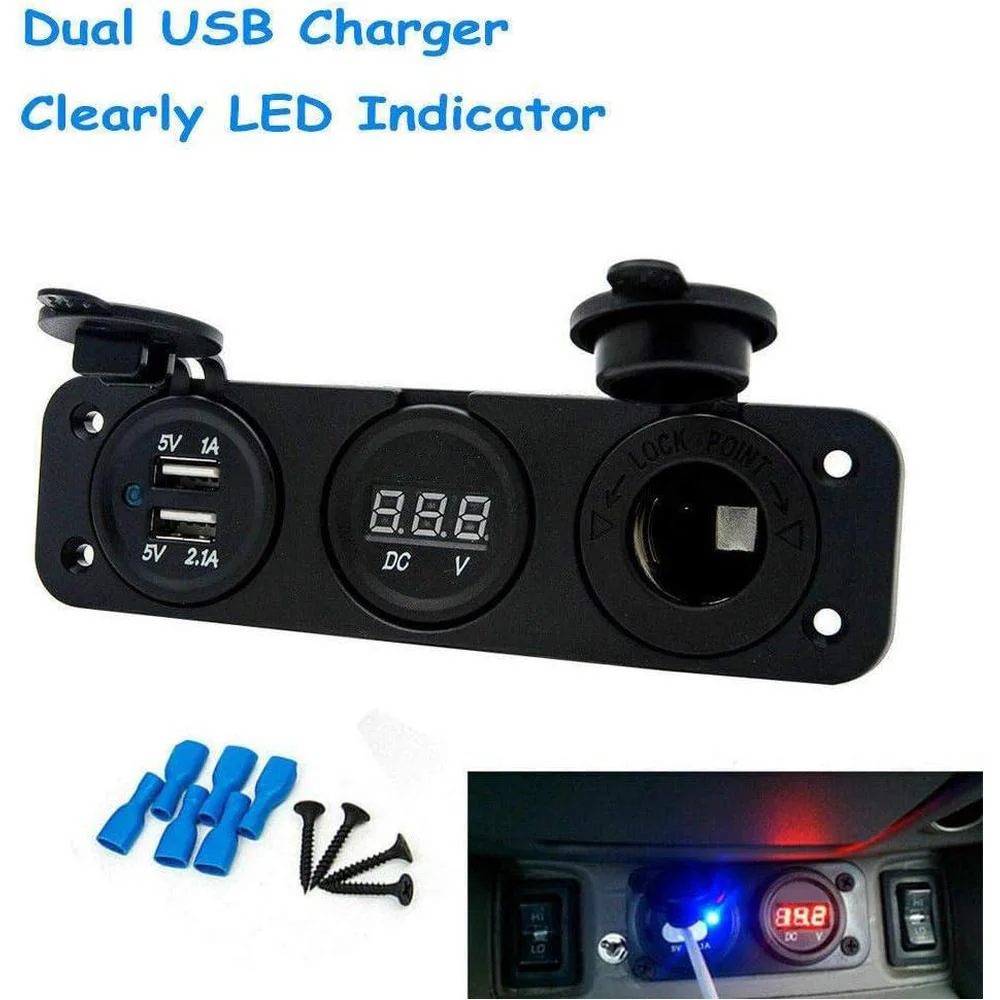 

1pc 12-24V Cigarette Lighter Socket Splitter 3 in1 Waterproof Dual USB Charger Socket Panel LED Voltmeter for Car Boat Truck