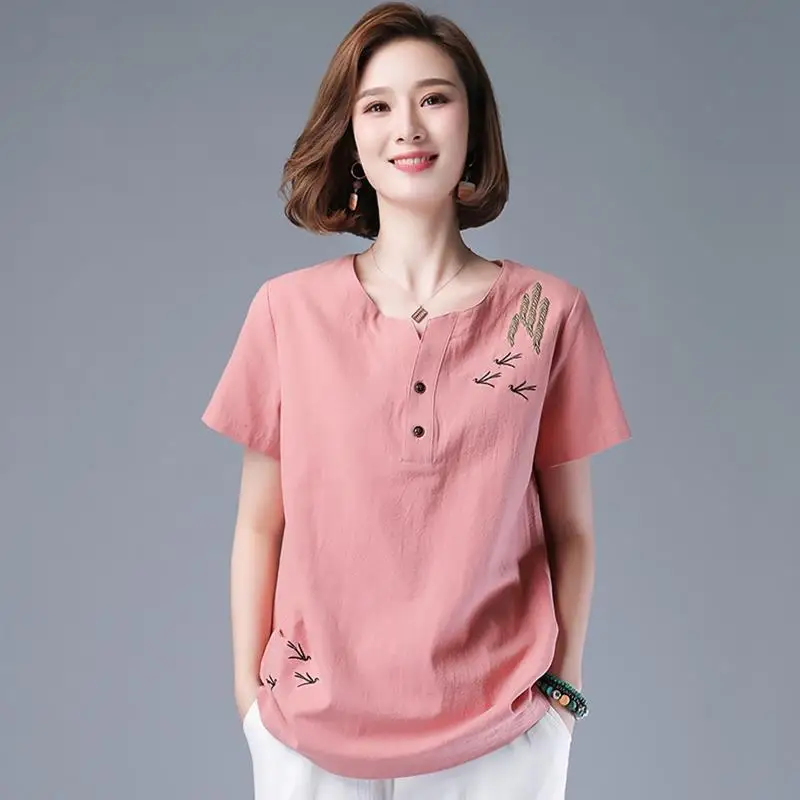 Women Summer Elegant Loose Temperament Printing Cotton and Linen O-neck Short Sleeve T-Shirt Ladies Fashion All-match Trend Tops