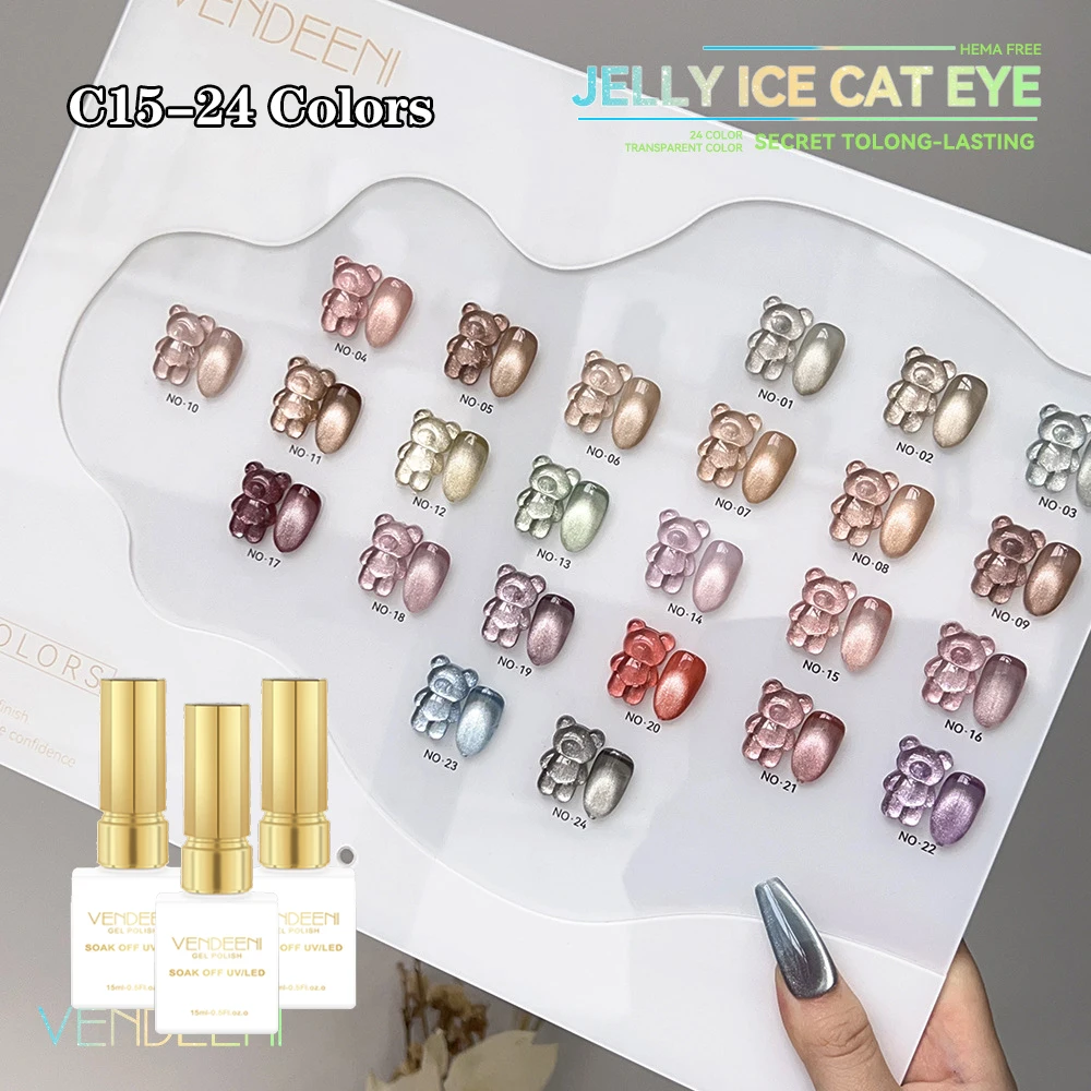 Vendeeni 24 Colors Ice Crystal Cat Eye Gel Nail Polish Flash Glitter Nail Varnish Transparent Magnetic Nail Art Gel Lacquer