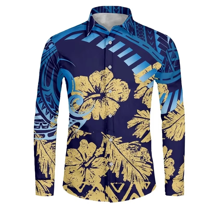 

New 3D Print Polynesia Tribe Graphic Hawaii Dress Shirt Man Long Sleeve Casual Stand-up Collar Men's Buttons Up Blouse Clothes