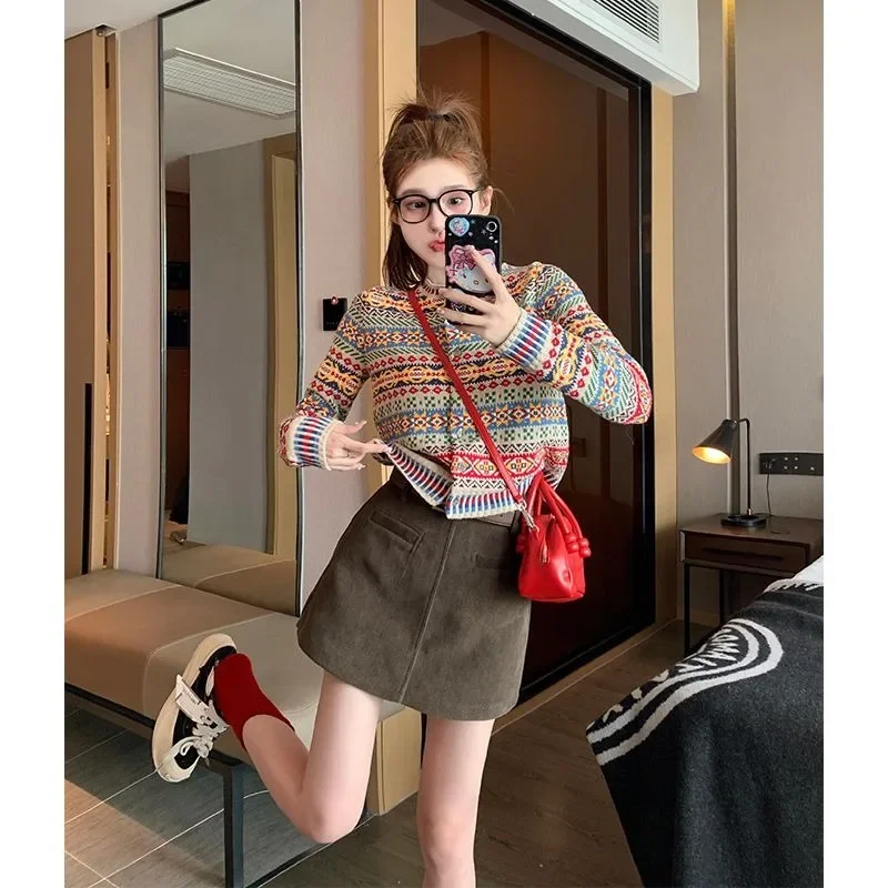 2024 New Cardigan Sweater Retro Ethnic Style Cardigan Mujer Jacket for Women Knitted Sweater Crop Top Long Sleeve Casual Winter