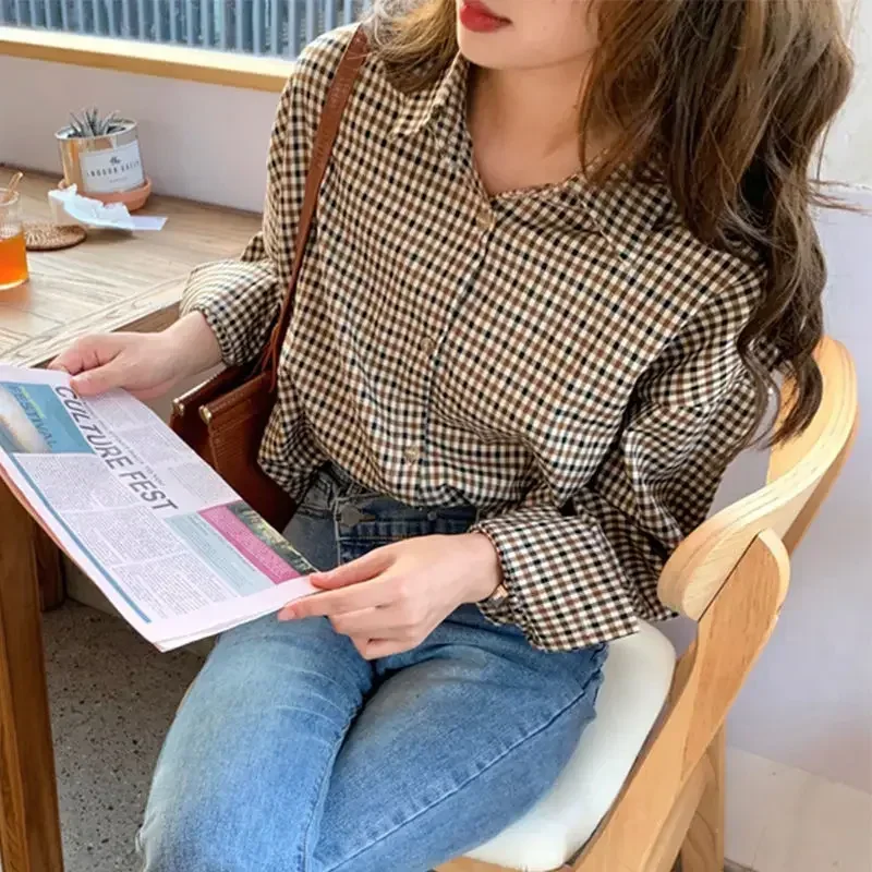 Plaid Shirts Women Vintage Hong Kong Style Long Sleeve Design Niche Tops Loose Aesthetic All-match Street Hipster Prevalent New