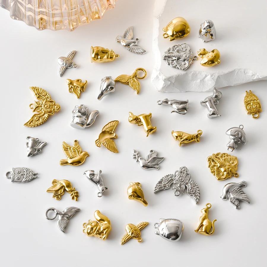 8Pcs Stainless Stee Animal Charms Three-Dimensional Penguin Owl Squirrel Cicada Dog Pendant DIY For Jewelry Necklace Making
