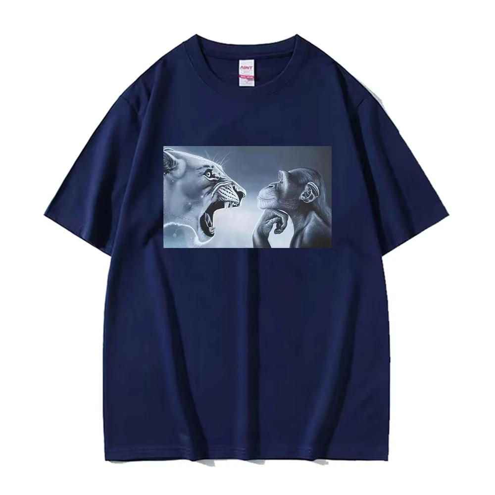 Funny Rage Bait Lion Monkey Meme Graphic T-shirts Men's Women Fashion High Street T Shirt Oversized Loose Short Sleeves T Shirts