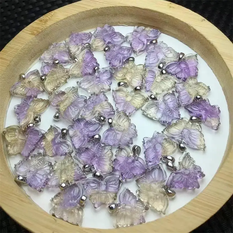 16MM Natural Ametrine Butterfly Pendant Crystal Carving Polishing Mature Charm Jewelry Birthday Present 1PCS