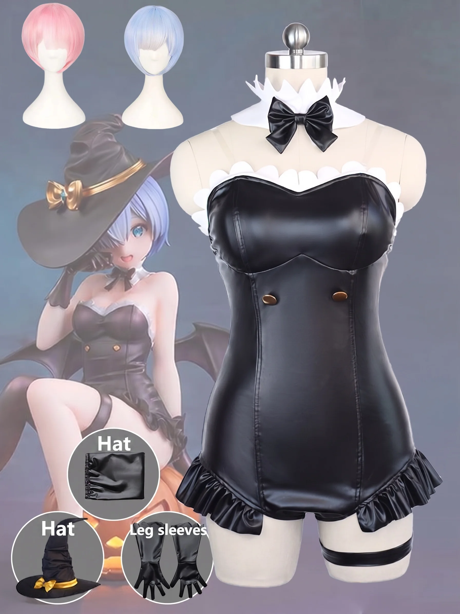 Disfraz de Cosplay de Rem de Re:Zero, Traje de Conejita Mágica, Body de Cuero Negro, Conjunto Completo con Sombrero y Guantes para Fiesta de Halloween