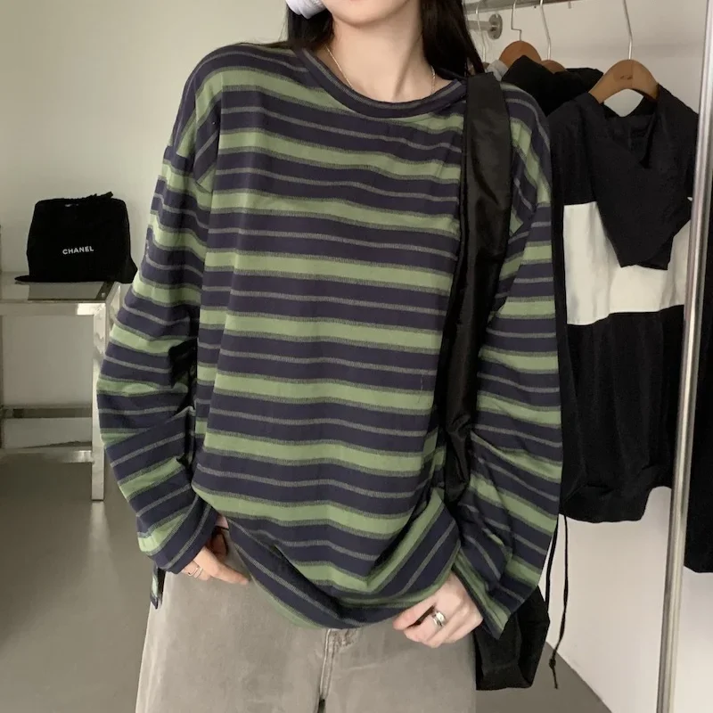 Spring Autumn Women T-shirts harajuku stripe Long Sleeve Preppy Style O Neck Fashion Casual oversized Stripe y2k Tops streetwear