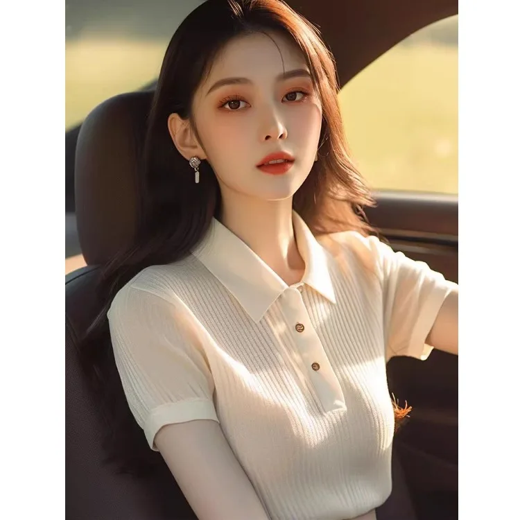 럭셔리 니트 아이스 실크 티셔츠 여성 슬림핏 여름 얇은 티셔츠 남유 빅 브랜드 출퇴근용 슬레 레귤러...