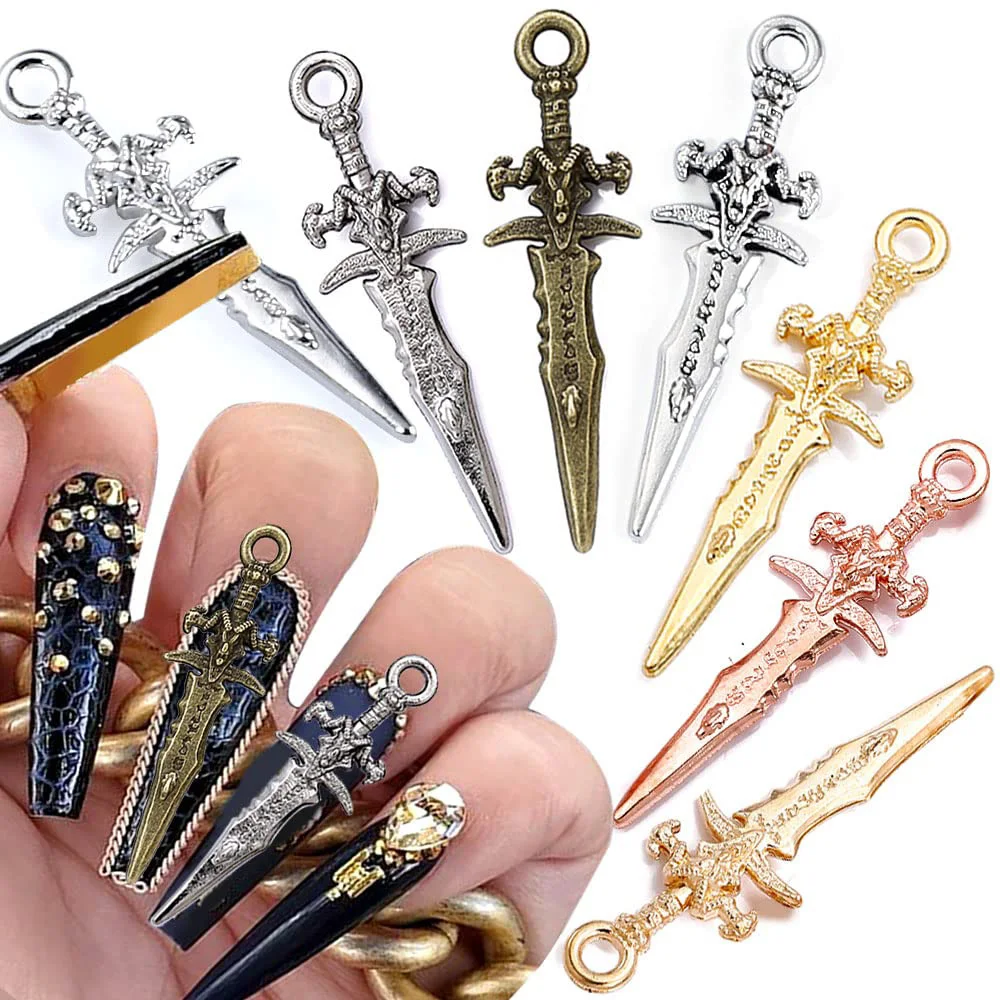 

50pcs Metal Sword Knife Nail Art Charm 3D Pierced Ancient Gold/Silver/Black Sword Nail Jewelry DIY Weapons Nail Accessories