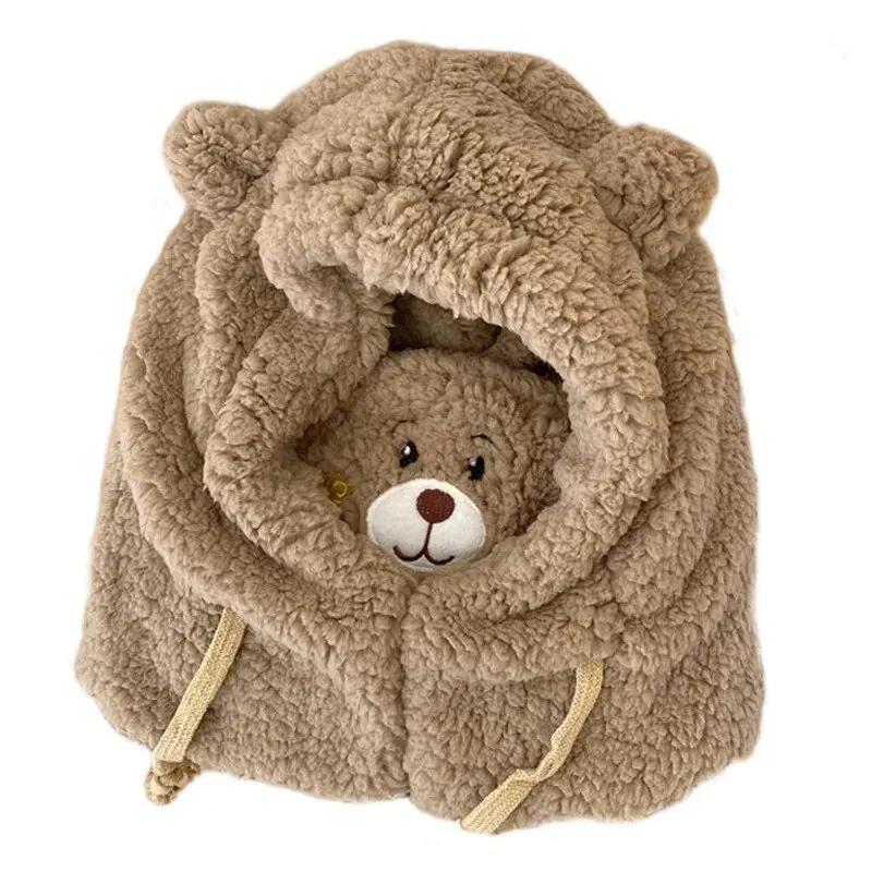 Hat Female Cute Bear Mask One-piece Hat Winter Cycling Knitted Hat Autumn and Winter Scarf Bib Bear Hat Scarf