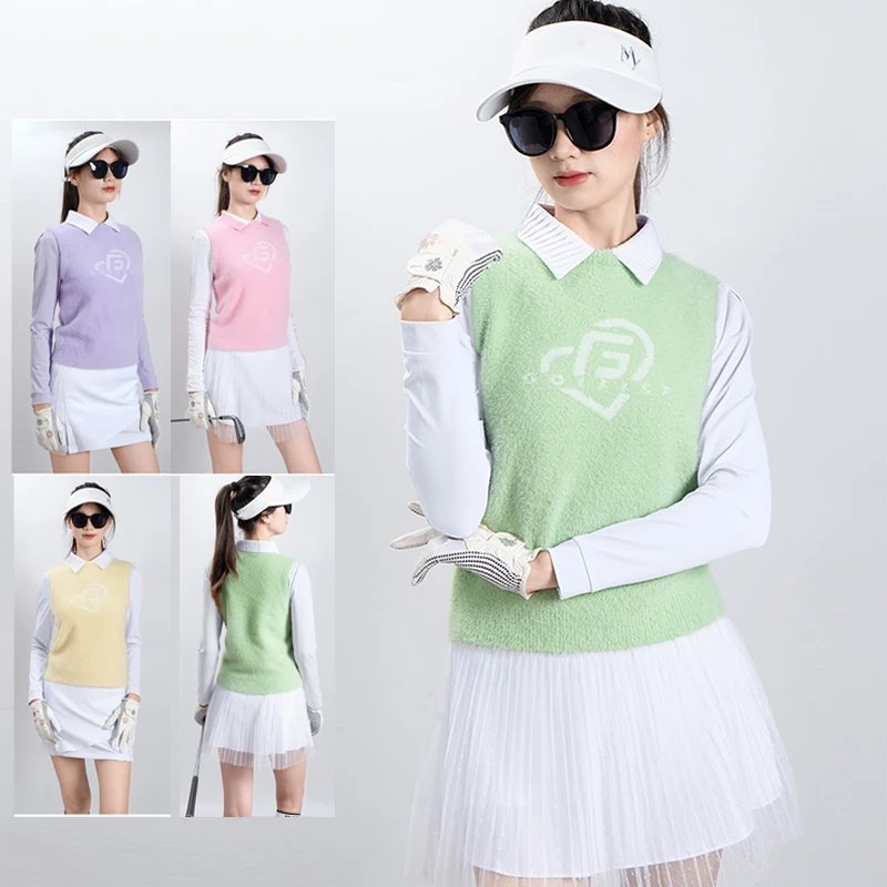 Women's Golf Vest Autumn Winter Cashmere Warm Top Sleeveless Thicken Shirts Ladies Sports Golf Tutu Skirt Pleated Lace Skort