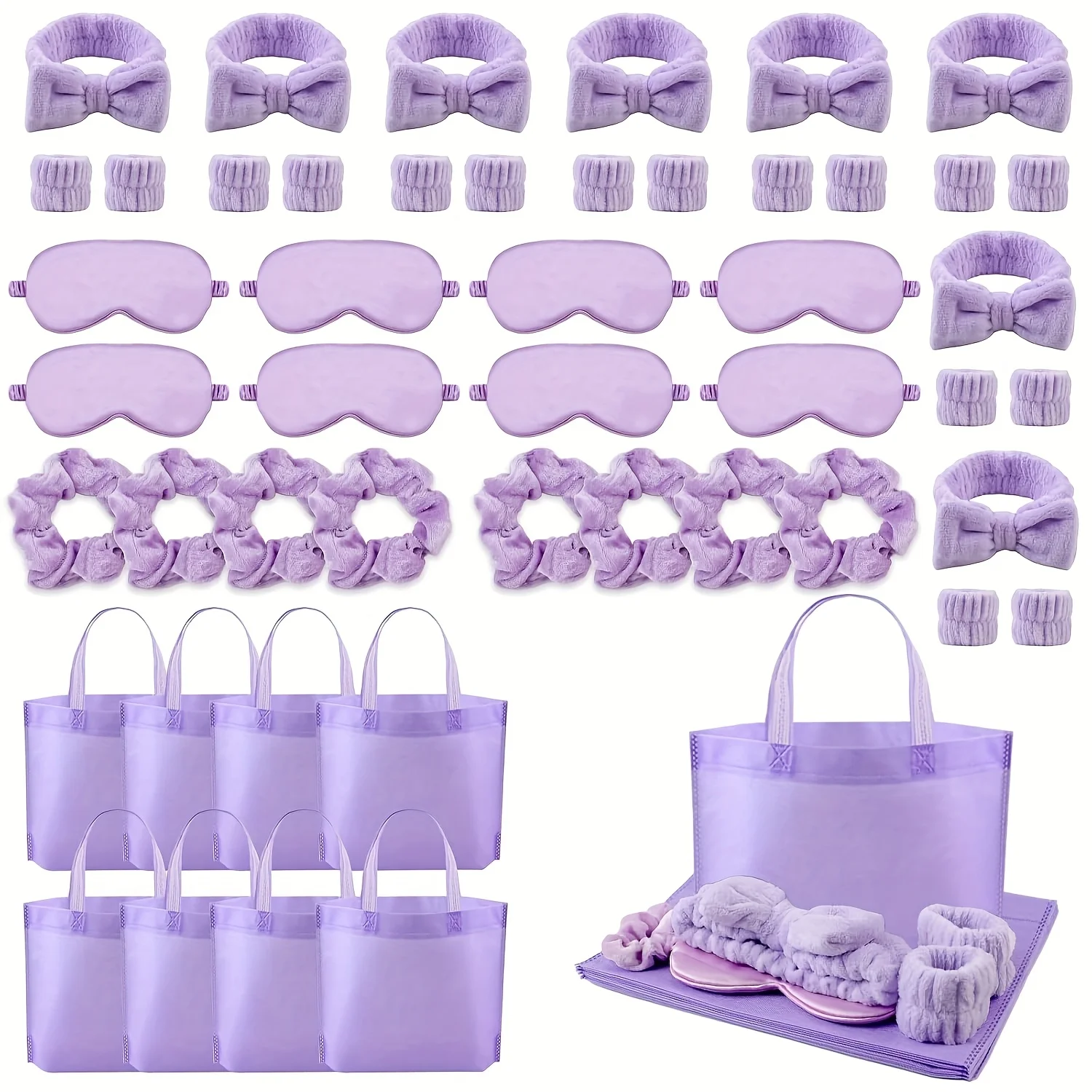 

48 Pack Purple Sleepover Party Supplies for Girls Women Skincare Headband And Wristband Set Eye Mask Hair Scrunchie Tote Bag Spa Party Supplies Sleeping Stuff Accessories for Slumber Party Spa Multi-Item Party Favor Packs Favors Bag Wedding Gifts