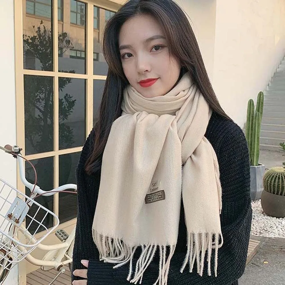 

Cold-proof Polyester Classic Wool Scarf Soft Warmer Solid Color Shawl Windproof Korean Style Long Neckscarf with Tassel Women