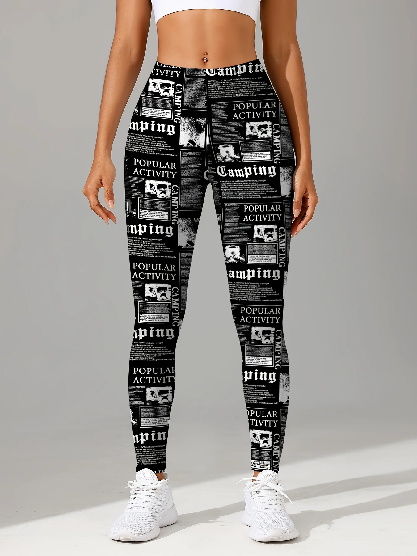 Women Mid‑Waist Fleece Lined Ankle Length Leggings Newspaper Letter Print Stretch Slim Warm Elastic Casual Daily Pants