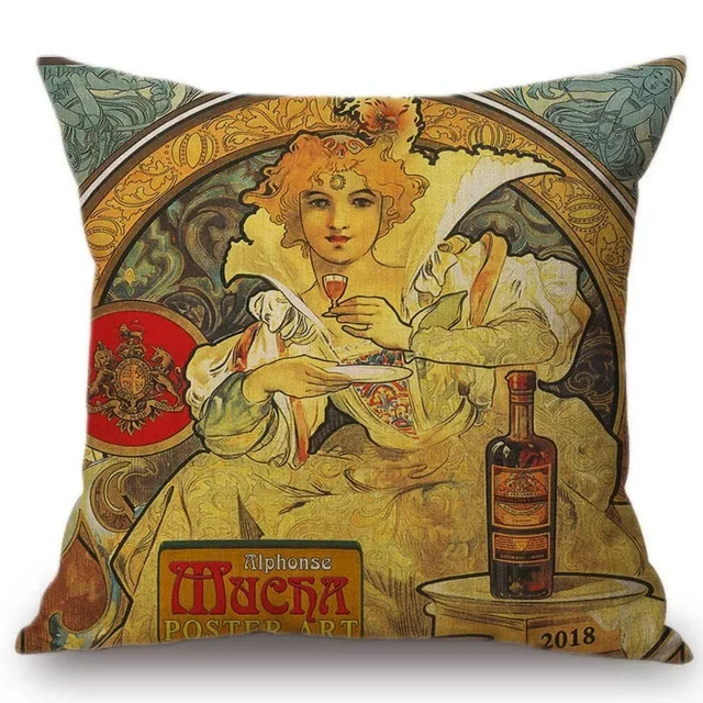 Vintage European Cushion Cover Art Nouveau Mucha Gallery Cushion Case Home Decorative Beautiful Girl Pattern Linen Pillowcase