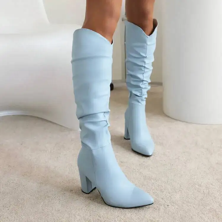 

Chunky Heels High Quality Pleated Boots Pointed Toe Knee High Boots 2025
