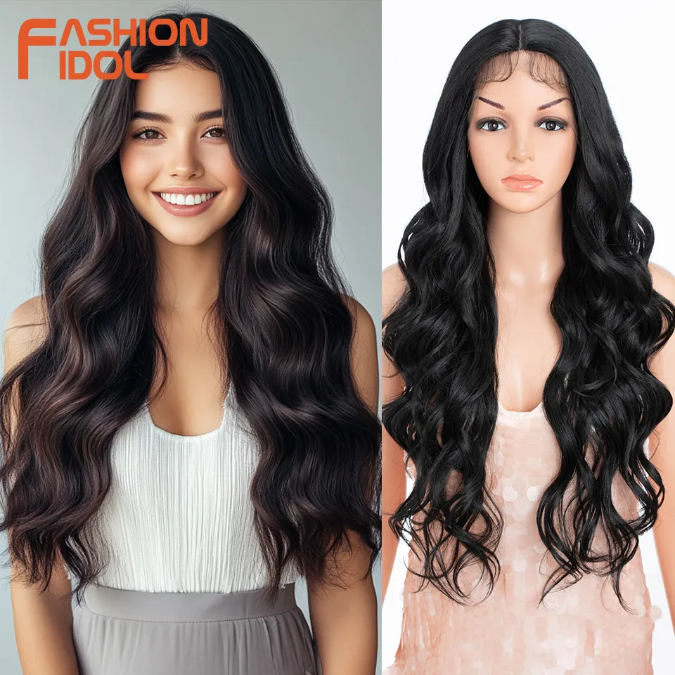 

Синтетические парики FASHION IDOL 28 дюймов с глубокой волной и кружевной передней частью, с эффектом baby hair, для чернокожих женщин, омбре коричневые, для косплея