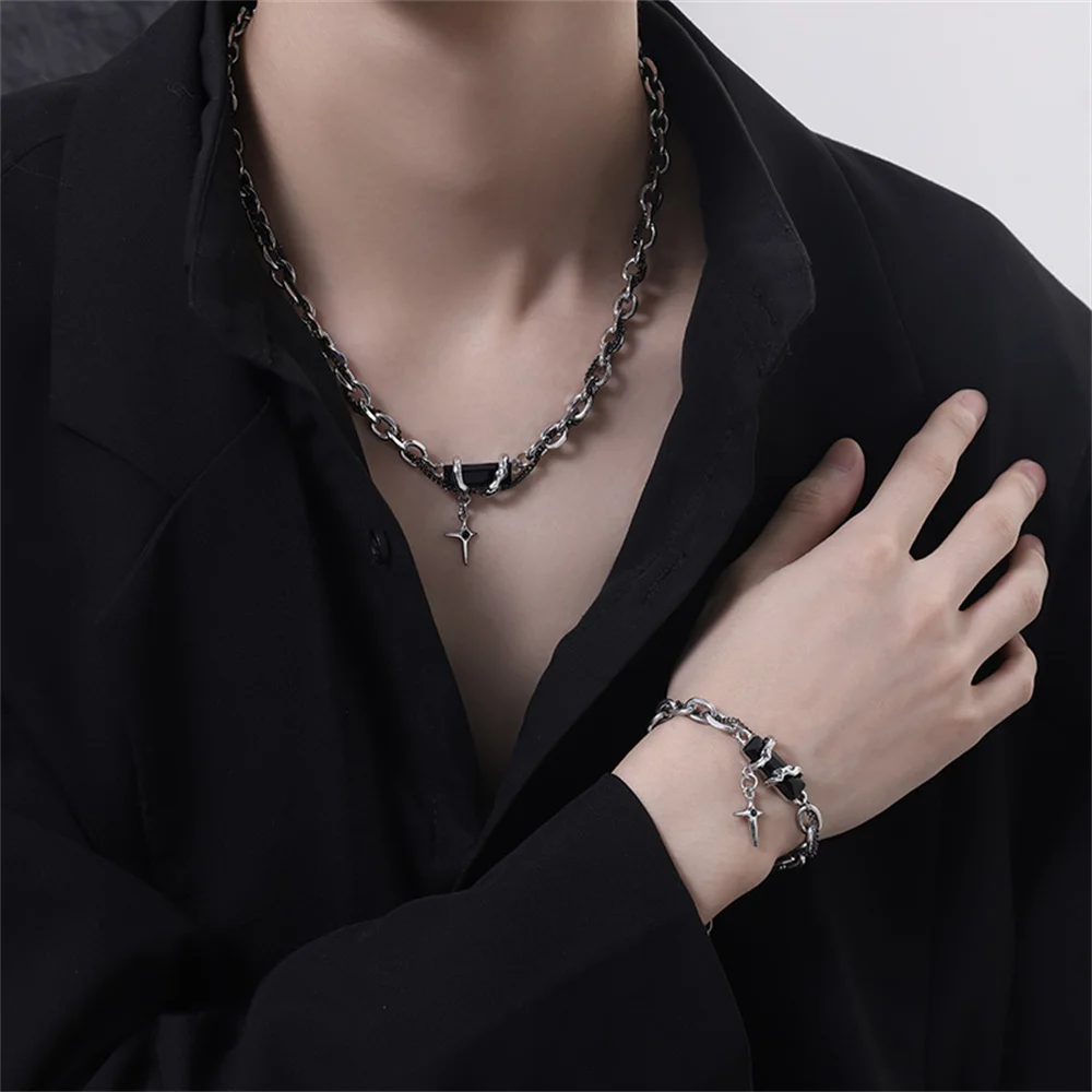 2024 Retro Black Zircon Star Bracelet For Women Men Trend Titanium Steel Punk Nk Chain Unisex Jewelry New Couple Accessories