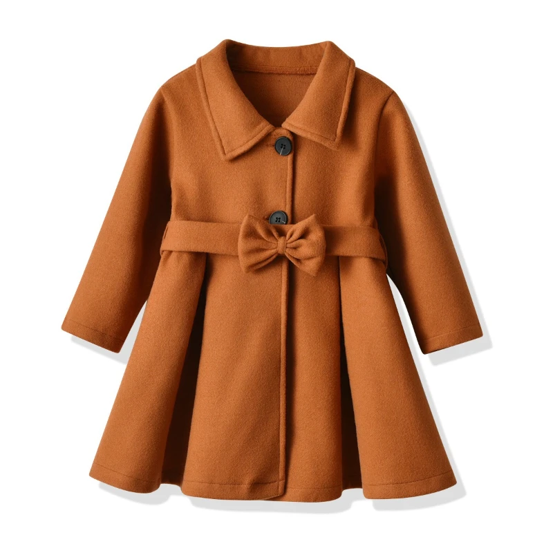

2025 Autumn/Winter New Girl's Bow Collar Belt Thickened Solid Color Warm Outcoat