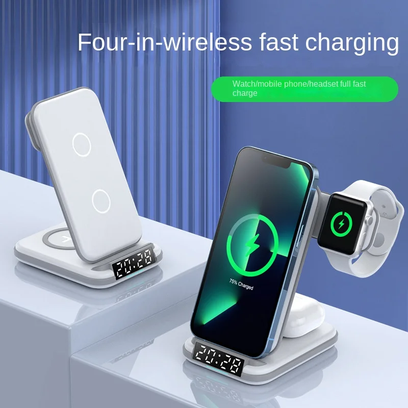 4 in 1 Magnetic Wireless Charger with Alarm Clock For iPhone 15 14 13 12 Fast Charging Station for Apple Watch 9 8 7 6 5 Airpods