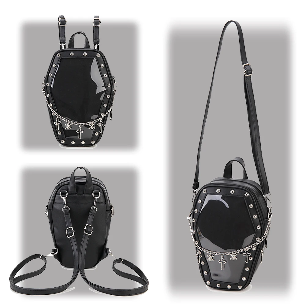 Gothic Punk Sargform Ita Tasche Damen Klare Rucksäcke Dark Lolita Handtasche und Umhängetasche Mädchen Cosplay Designer 2-Einsatz – Detail 12