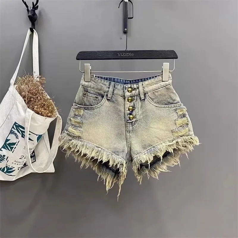 Retro Distressed Distressed Heavy Industry Tassel Fringed A-line Ultra Short Pants with Hip Hugging Single Breasted Denim Shorts