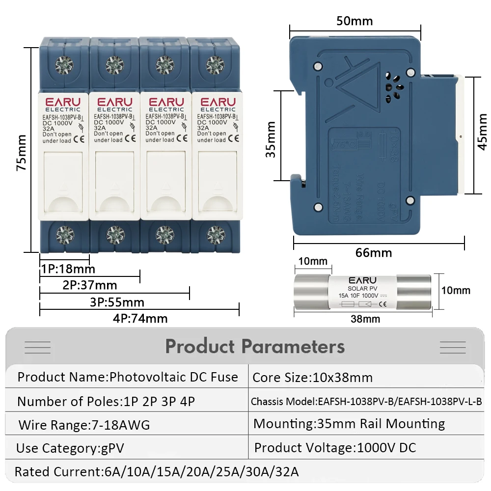 EARU 1/2/3/4P Solar DC Fuse Holder High Voltage Solar PV DC1000V Photovoltaic 6-32A Photovoltaic System Protection Protector GPV