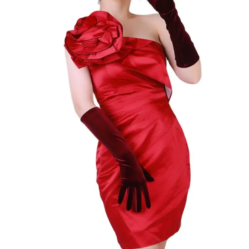 

40cm Velour Gloves Long Section Wine Red Dark Red Female High Elastic Swan Velvet Gold Velour Touchscreen Woman