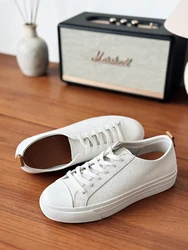 Women's Luxury Brand Genuine Leather White Sneakers Minimalist Lace-Up Casual Comfortable Daily Fashion Ladies Flat Shoes