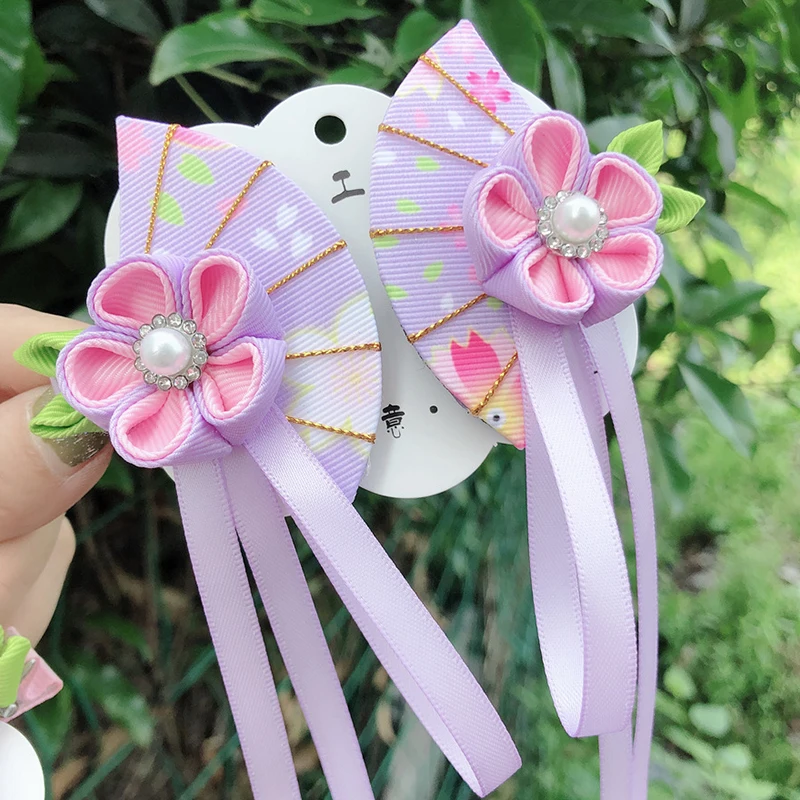 Japanese Kimono Fabric Flower Folding Fan Children Hair Accessories Clip Tassel Headwear Headdress Barrette