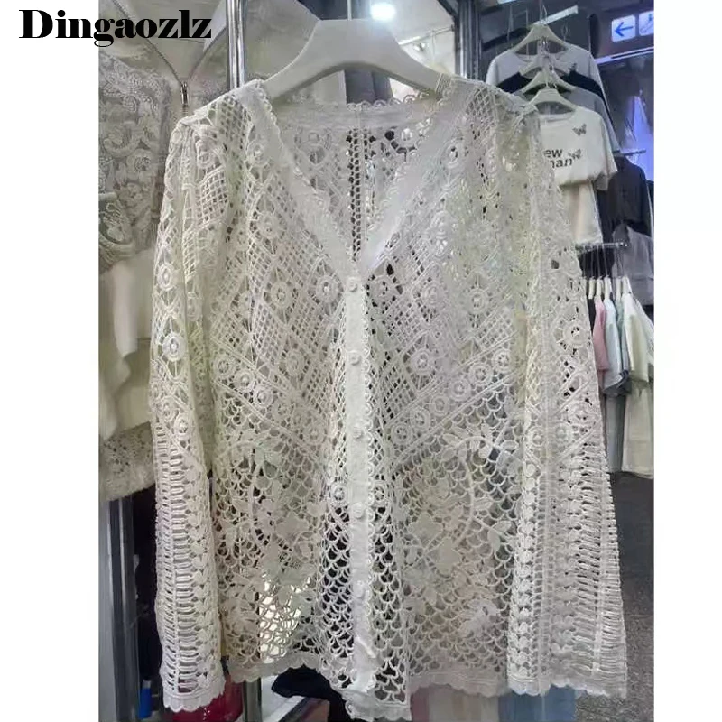 2024 Autumn New Knitted Shirt V-neck Retro Hollow Hook Flower Blouse Long Sleeve Women Cardigan Top