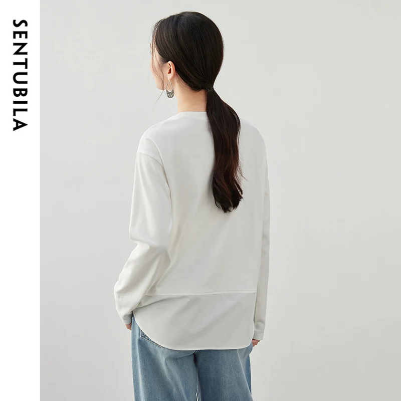 SENTUBILA Cotton White T-shirt Women 2024 Autumn Casual Patchwork Knit Tops O Neck Long Sleeve Simple Solid Clothes 143T56865