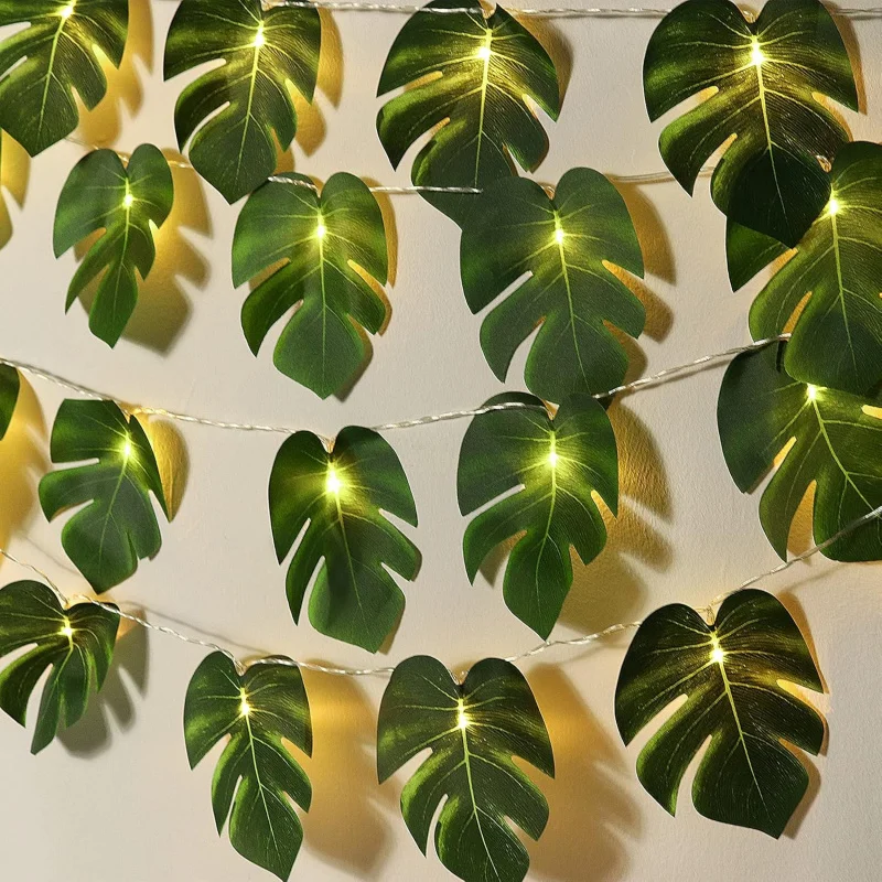 Monstera-Blatt-Lichterkette, tropische künstliche Rattan-Palme, grüne Blätter, Wandbehang, Weingrün, Party-Sommerdekoration