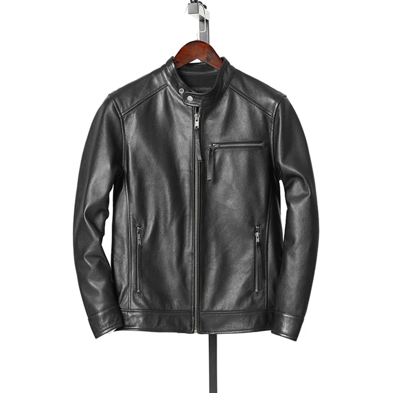 

New Arrival Genuine Leather Jaet Men Top Layer Cowhide Stand Collar Slim Fit ort Sle Spring Autumn Trendy Motorcycle Coat