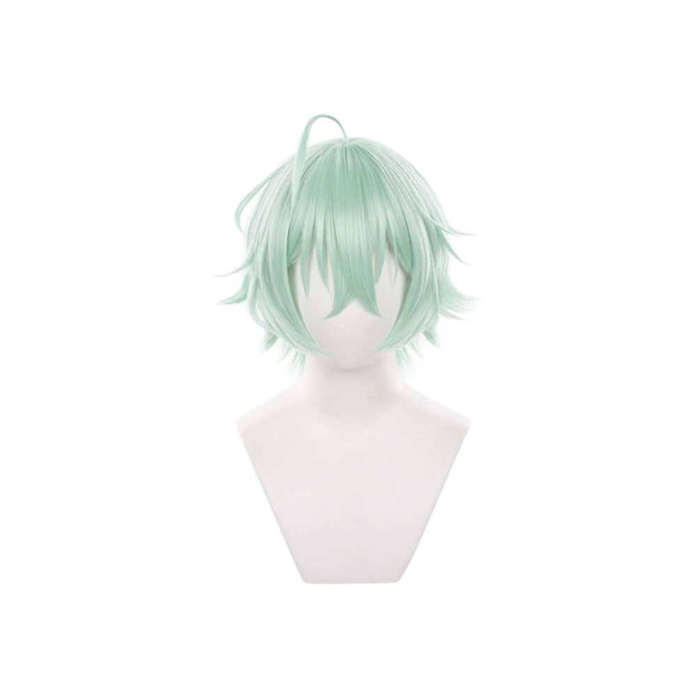 Mint Green Short Wavy Wig With Ahoge And Bangs Cosplay Wig Unisex Costume Party Synthetic Hair Peruke