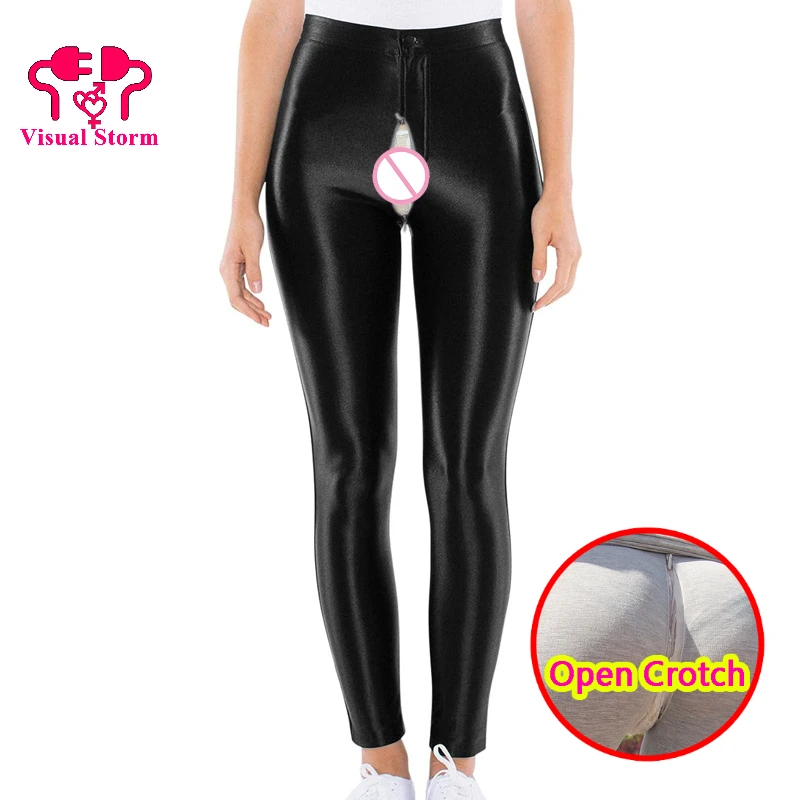 Woman y2k Open Crotch Sexy Leggings Fake Leather Pockets Invisable Zippers Pants Nylon Bodyshaping Exotic Crotchless Clothing