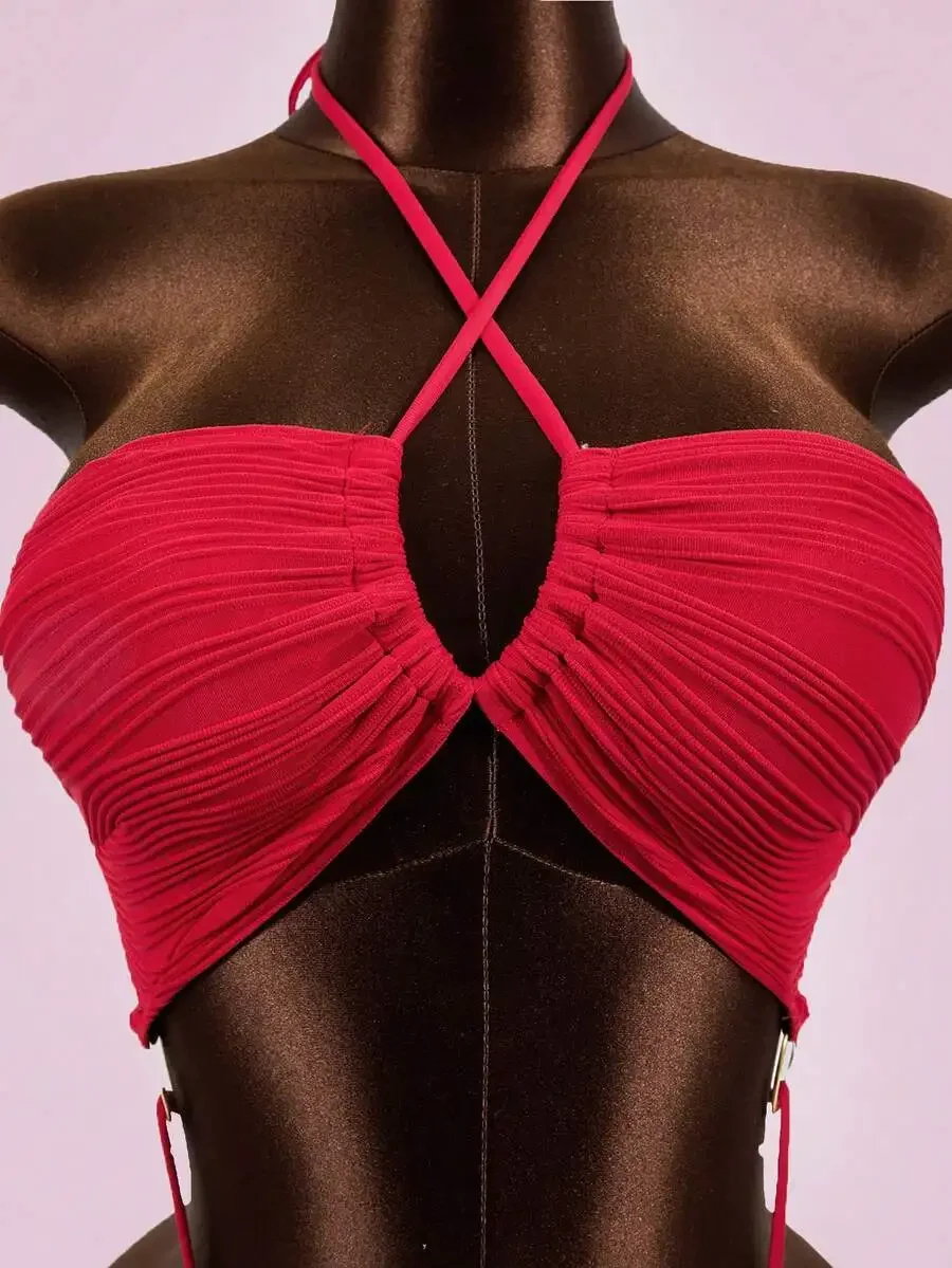 

Red Solid Color Halter Top Bikini Set For Women Beach Vacation Swimwear