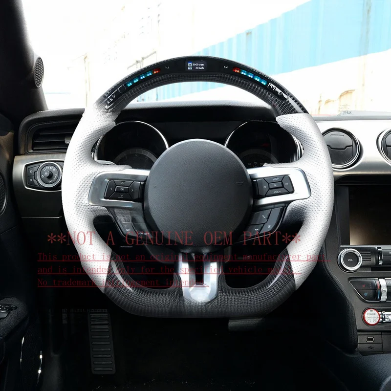 For Ford Mustang White Perforated Leather LED Multi Function Modified Steering Wheel Horn Cover Shell Decorative