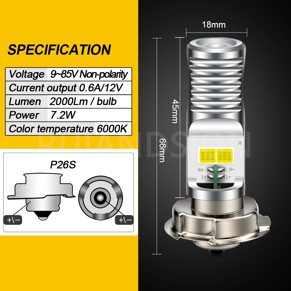 RUIANDSION P26S LED Motorcycle Headlight Scooter Light Motorbike bulbs Moto Front Headlamp Head Light 9V-85V 6000K