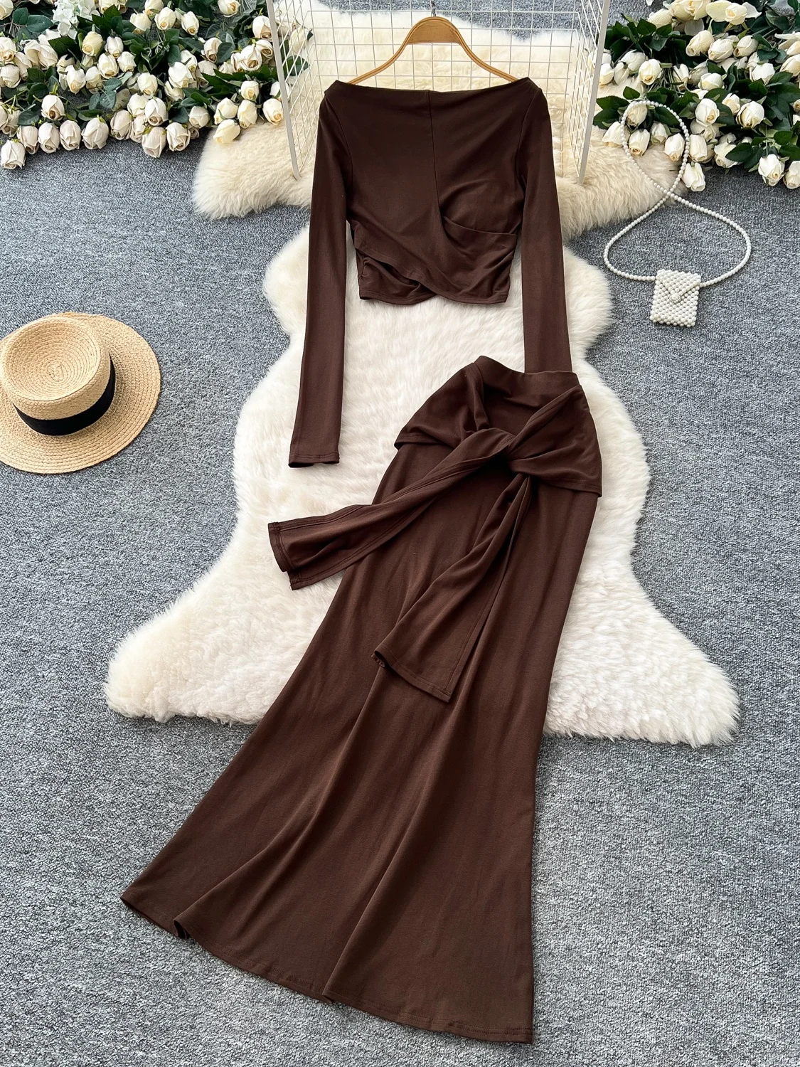 

Корейский повседневный женский топ и юбка с высокой талией, комплект из двух предметов, облегающая длинная футболка Sve с запахом вокруг ...