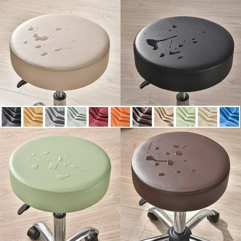 Waterproof Oil-proof Elastic Footstool Covers PU Leather Round Stool Cover Soild All Inclusive Bar Chair Seat Cushion Slipcover