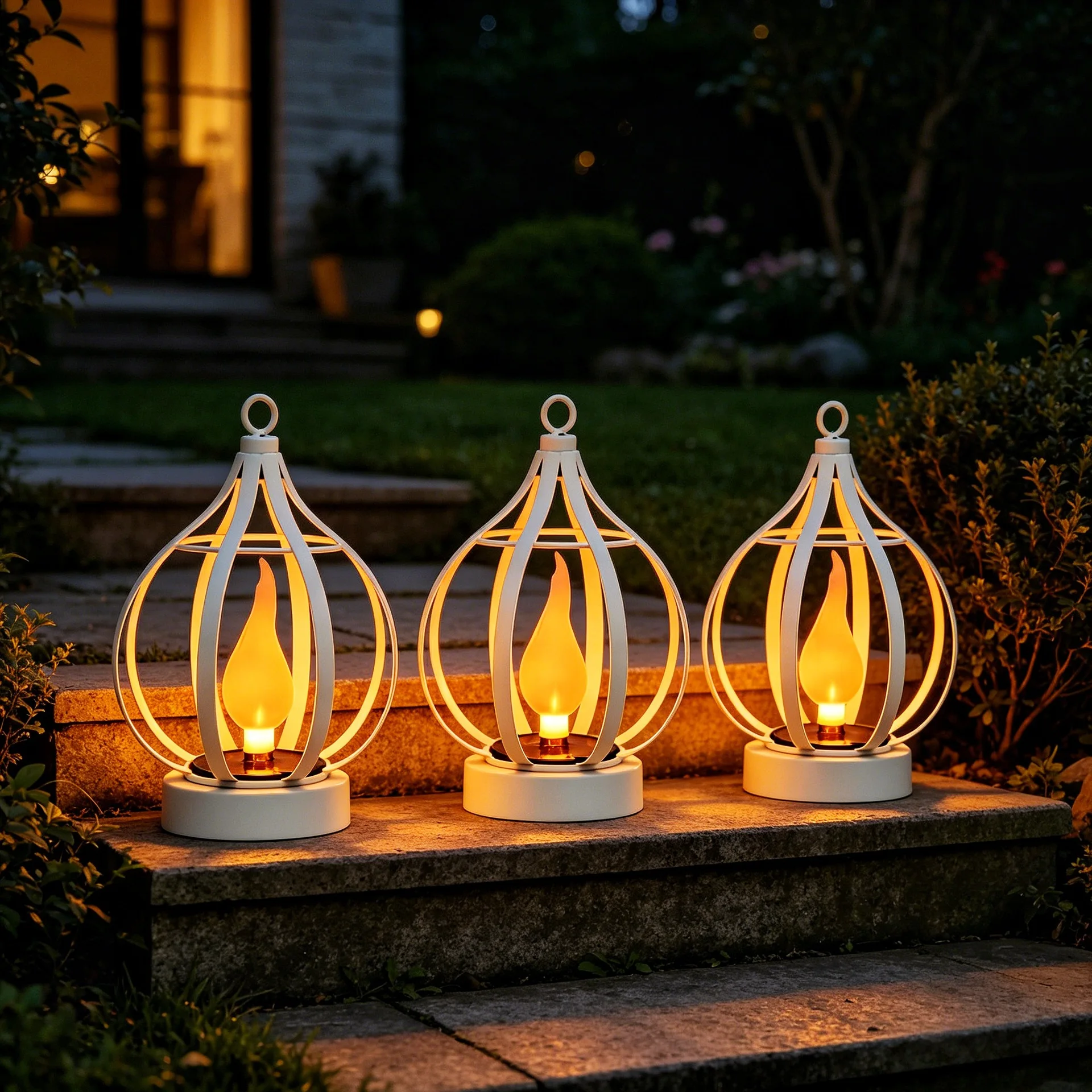 Outdoor Metal Solar Flame Projection Hanging Light Simulated Dynamic Fire LED Lantern For Villa Garden Patio Yard Decor Lamp