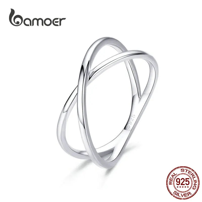 BAMOER 14K Gold Plated X Ring Dainty Minimalist 925 Sterling Silver Cross Ring for Women Promise Jewelry 2 Colors SCR543