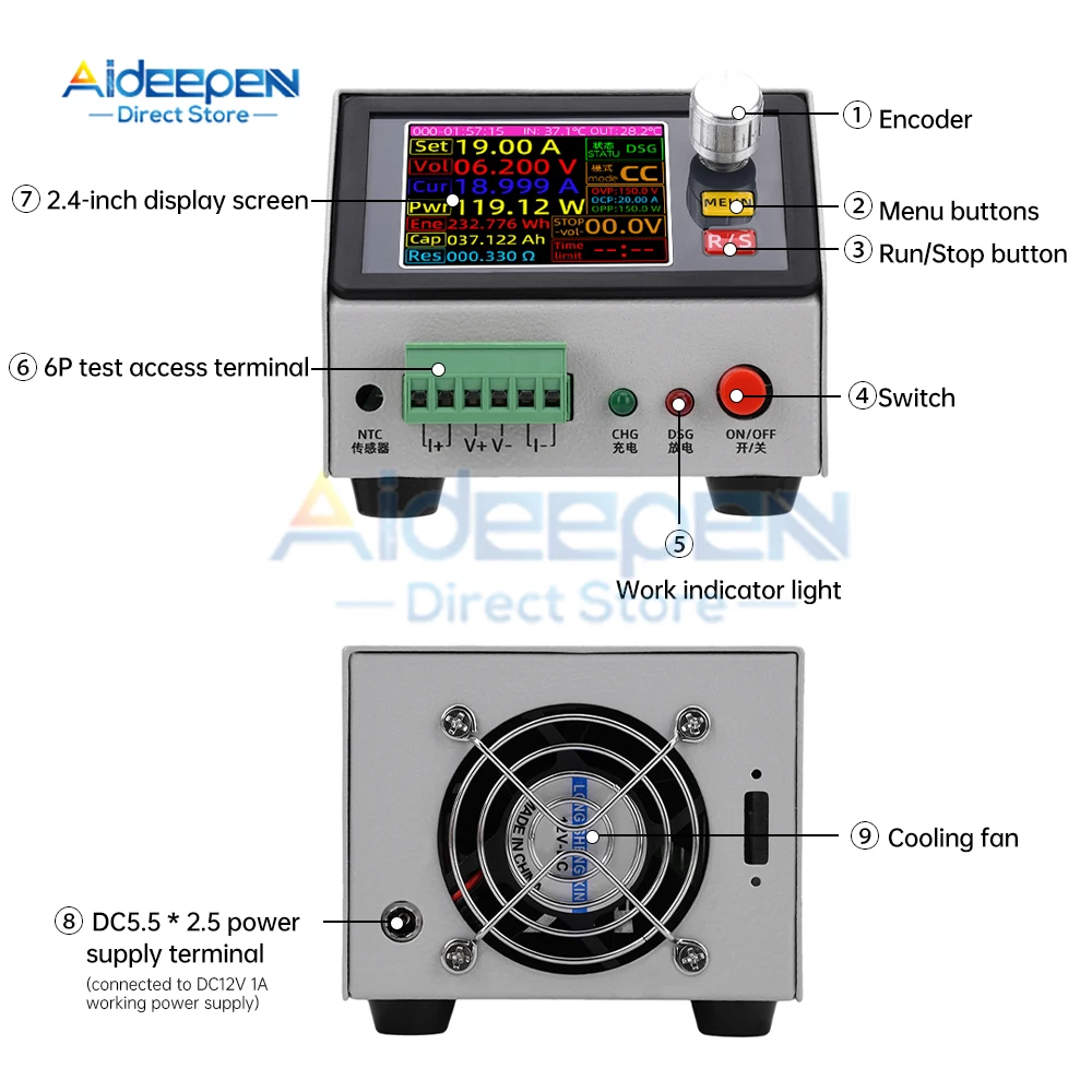 150W 20A Tester pojemności akumulatora 2,4-calowy kolorowy ekran TFT typu CNC Elektroniczny tester rozładowania mocy obciążenia z adapterem