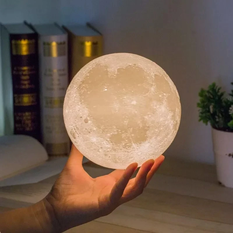 LED Night Light 3D Printing Moon Lamp 8cm Battery Powered with Bracket Starlight Bedroom Decorative Table Lamp