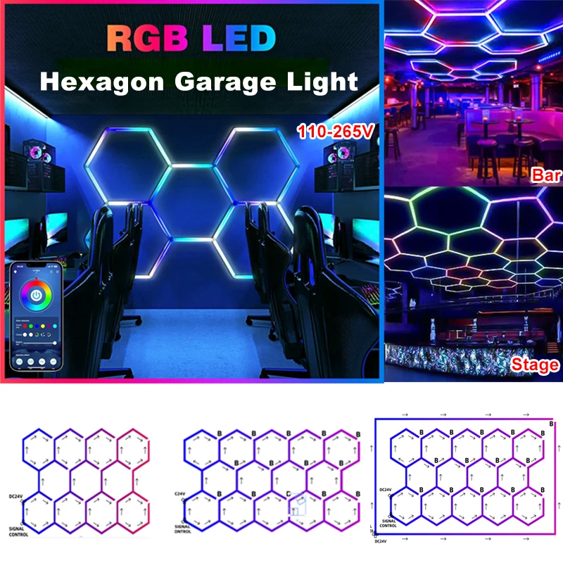 

RGB Hexagon LED Lighting Hexagon Garage Light Remote Control Honeycomb Lamps 110-265V for Car Wash Repair Decor Ceiling Lighting
